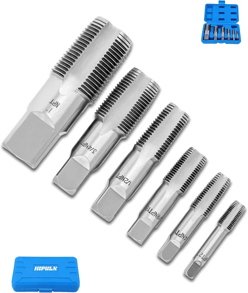 HIPULX 1/8", 1/4", 3/8", 1/2", 3/4", 1" NPT Tap Set, GCr15 Threading Plumbing Tap Set for Accurate Threads with Storage Box | 4-Flute Fast Chip Removal for Plumbers Mechanics DIY Thread cutting tools - Image 1